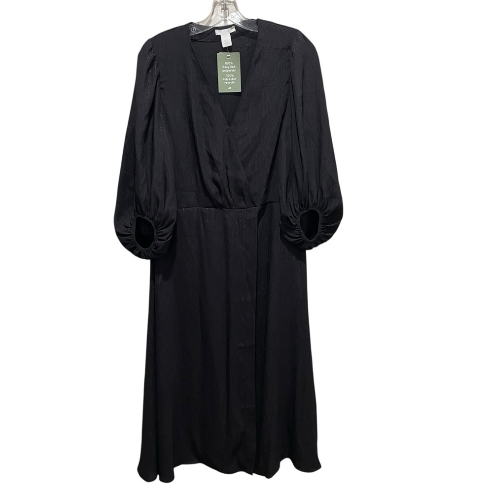 H&M Puff Sleeve Wrap Midi Dress Black Shimmer Women’s Size Small NWT